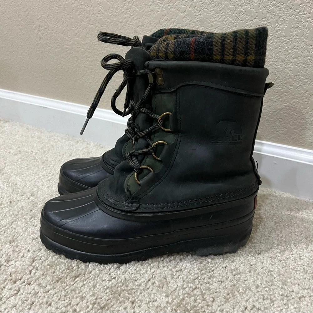 Sorel Women Lace Up Mid Calf Winter Snow Boots Green Plaid Suede Rubber Size 6,